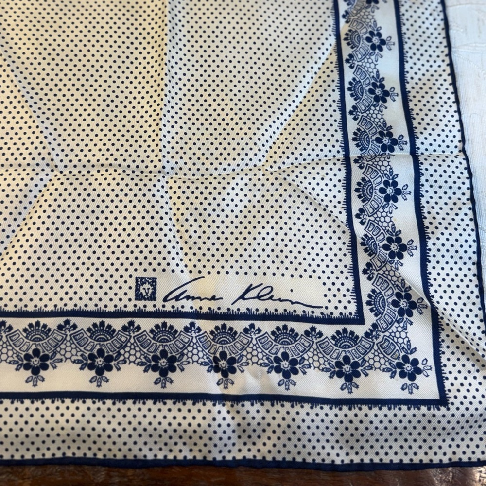 Vintage Anne Klein Silk Scarf Navy Blue Polka Dot Floral Lace Border 26" Square - Picture 6 of 14